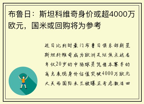 布鲁日：斯坦科维奇身价或超4000万欧元，国米或回购将为参考